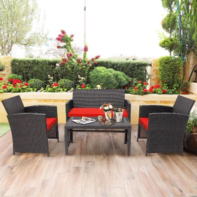 Costway 4PCS Patio Rattan Furniture Set Cushioned Chair Sofa Coffee Table Red Image 1