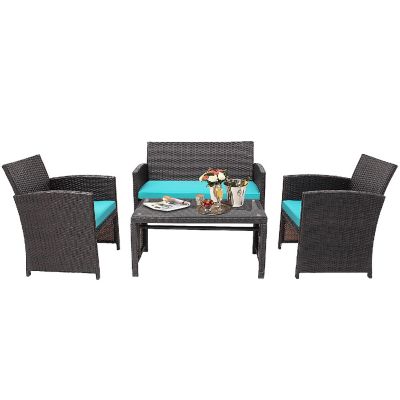 Costway 4PCS Patio Rattan Furniture Set Cushioned Chair Sofa Coffee Table Turquoise Image 1