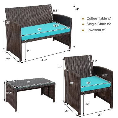 Costway 4PCS Patio Rattan Furniture Set Cushioned Chair Sofa Coffee Table Turquoise Image 3