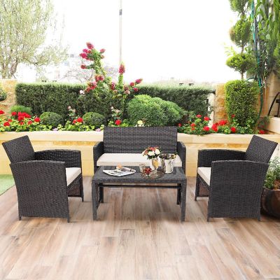 Costway 4PCS Patio Rattan Furniture Set Cushioned Chair Sofa Coffee Table White Image 1