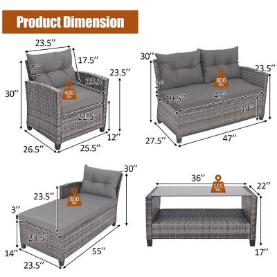 Costway 4PCS Patio Rattan Furniture Set Cushioned Loveseat Table Shelf Gray Image 2