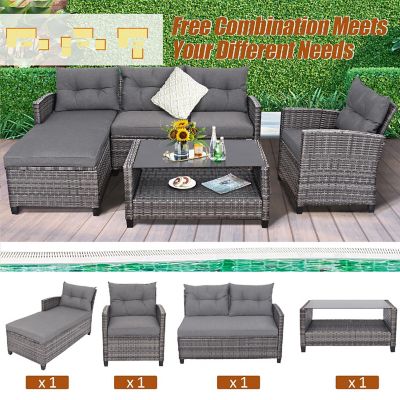 Costway 4PCS Patio Rattan Furniture Set Cushioned Loveseat Table Shelf Gray Image 3