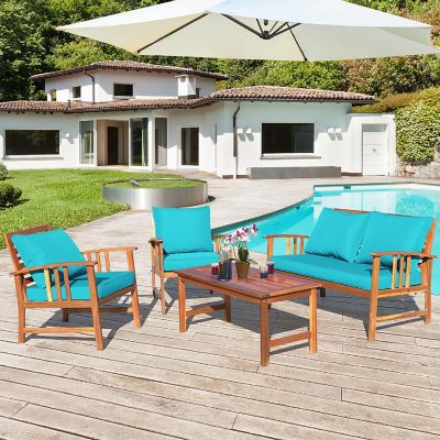 Costway 4PCS Wooden Patio Furniture Set Table Sofa Chair Cushioned Garden Turquoise Image 1