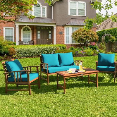 Costway 4PCS Wooden Patio Furniture Set Table Sofa Chair Cushioned Garden Turquoise Image 1