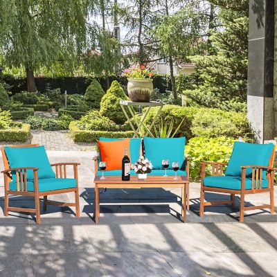 Costway 4PCS Wooden Patio Furniture Set Table Sofa Chair Cushioned Garden Turquoise Image 2