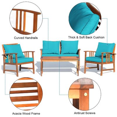 Costway 4PCS Wooden Patio Furniture Set Table Sofa Chair Cushioned Garden Turquoise Image 3