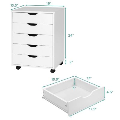 Costway 5 Drawer Chest Storage Dresser Floor Cabinet Organizer with Wheels White Image 2