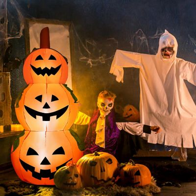 Costway 5 Ft  Halloween Inflatable 3-Pumpkin Stack Blow Up Pumpkin Ghost Yard Decoration Image 1