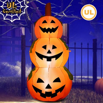 Costway 5 Ft  Halloween Inflatable 3-Pumpkin Stack Blow Up Pumpkin Ghost Yard Decoration Image 2