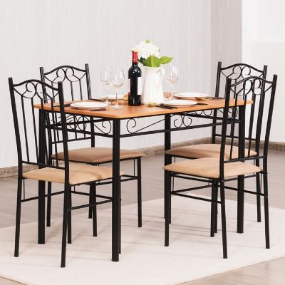 Costway 5 PC Dining Set Wood Metal 30" Table and 4 Chairs Black Kitchen Breakfast Furniture Image 3