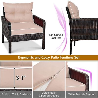 Costway 5 PCS Rattan Wicker Furniture Set Sofa Ottoman W/Brown Cushion Patio Garden Yard Image 1
