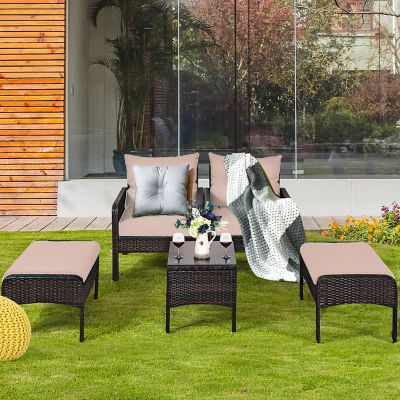 Costway 5 PCS Rattan Wicker Furniture Set Sofa Ottoman W/Brown Cushion Patio Garden Yard Image 3