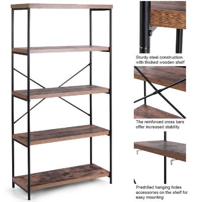 Costway 5-Tier Bookshelf, Industrial Etagere Bookcase, Rustic Display Shelf Organizer Image 3