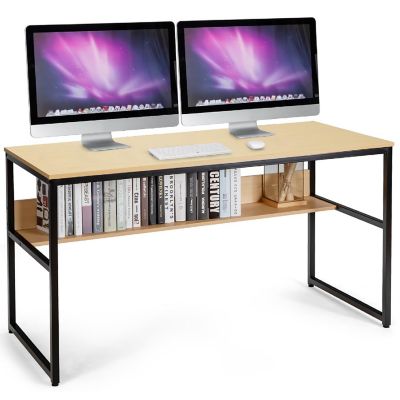 Costway 55'' Computer Desk Writing Table Workstation Home Office w/Bookshelf Natural Image 1