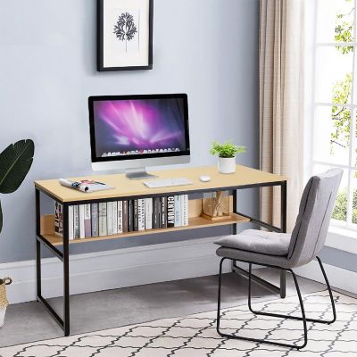 Costway 55'' Computer Desk Writing Table Workstation Home Office w/Bookshelf Natural Image 2