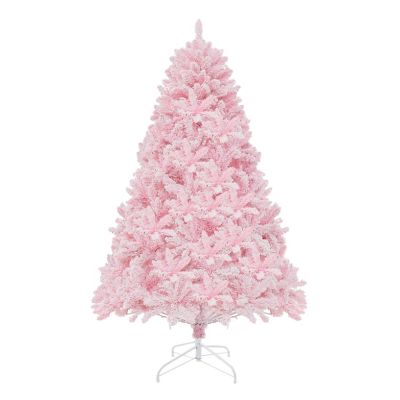 Costway 6 FT Flocked Artificial Christmas Tree Hinged with 350 LED Lights 808 Branch Tips Image 1