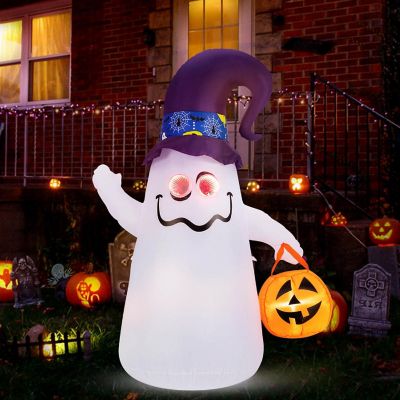 Costway 6 Ft Halloween Inflatables Cute Ghost with Jack-O-Lantern &amp; Witch Hat Image 1
