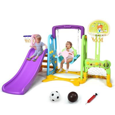 Costway 6 In 1 Toddler Climber and Swing Set w/ Basketball Hoop & Football Gate Backyard Image 1