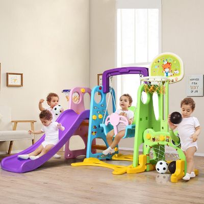 Costway 6 In 1 Toddler Climber and Swing Set w/ Basketball Hoop & Football Gate Backyard Image 1