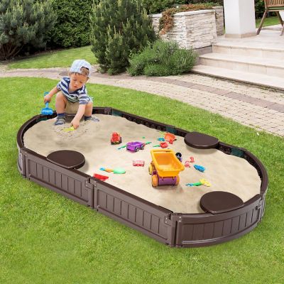 Costway 6F Wooden Sandbox w/Built-in Corner Seat, Cover, Bottom Liner for Outdoor Play Image 1
