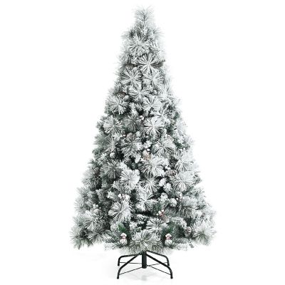 Costway 6ft Artificial Christmas Tree, Snow Flocked Hinged Xmas Tree w/ Pine Needles, Red Berries, Pine Cones & Metal Base Image 1