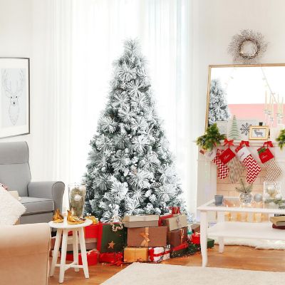 Costway 6ft Artificial Christmas Tree, Snow Flocked Hinged Xmas Tree w/ Pine Needles, Red Berries, Pine Cones & Metal Base Image 2