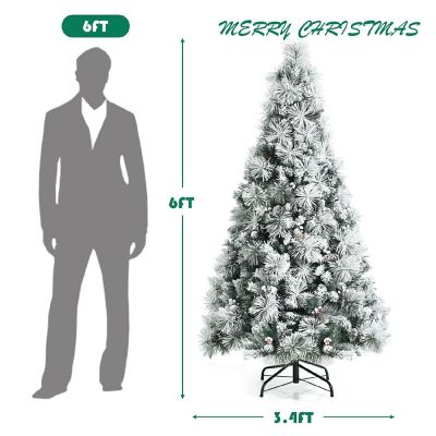 Costway 6ft Artificial Christmas Tree, Snow Flocked Hinged Xmas Tree w/ Pine Needles, Red Berries, Pine Cones & Metal Base Image 3