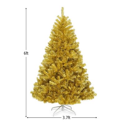 Costway 6ft Artificial Tinsel Christmas Tree Hinged w/1036 Tips Foldable Stand Champagne Image 1