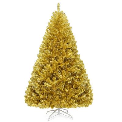 Costway 6ft Artificial Tinsel Christmas Tree Hinged w/1036 Tips Foldable Stand Champagne Image 2