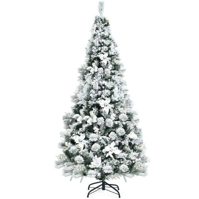Costway 6ft Snow Flocked Hinged Christmas Tree w/Berries &amp; Poinsettia Flowers Image 1