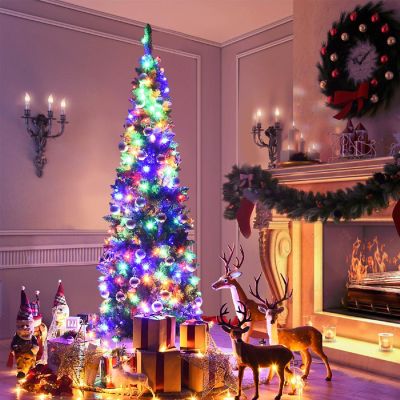 Costway 7.5ft Pre-Lit Hinged Pencil Christmas Tree 350 Multicolor Lights Image 1
