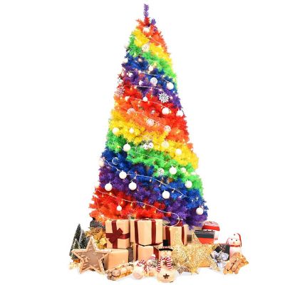 Costway 7FT Artificial Hinged Colorful Rainbow Full Fir Christmas Tree with 1213 Tips Image 1