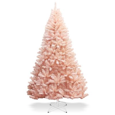 Costway 7ft Pink Artificial Christmas Tree Hinged Full Fir Tree Metal Stand Image 1