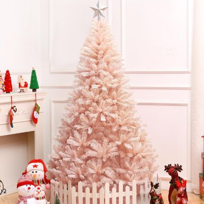 Costway 7ft Pink Artificial Christmas Tree Hinged Full Fir Tree Metal Stand Image 1