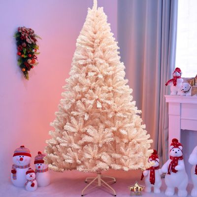 Costway 7ft Pink Artificial Christmas Tree Hinged Full Fir Tree Metal Stand Image 2