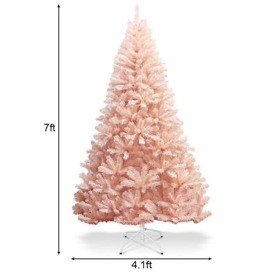 Costway 7ft Pink Artificial Christmas Tree Hinged Full Fir Tree Metal Stand Image 3