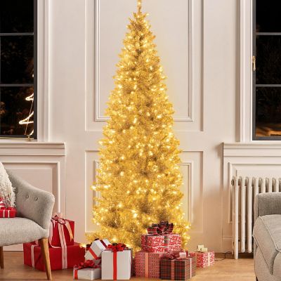 Costway 7FT Pre-lit Artificial Silver Tinsel Xmas Tree with 1030 Branch Tips 400 LED Lights Image 1