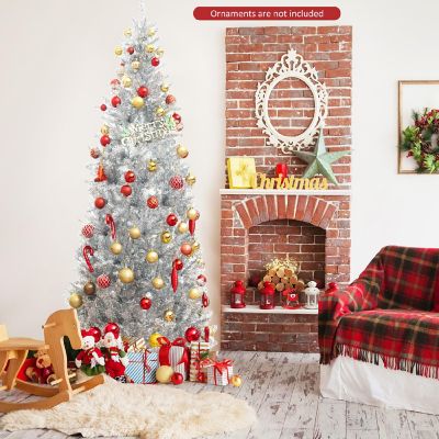 Costway 7FT Pre-lit Artificial Silver Tinsel Xmas Tree with 1030 Branch Tips 400 LED Lights Image 2