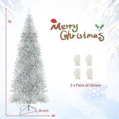 Costway 7FT Pre-lit Artificial Silver Tinsel Xmas Tree with 1030 Branch Tips 400 LED Lights Image 3