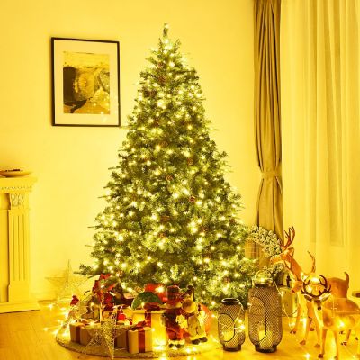Costway 7Ft Pre-Lit Christmas Tree Hinged 460 LED Lights Pine Cones Image 1