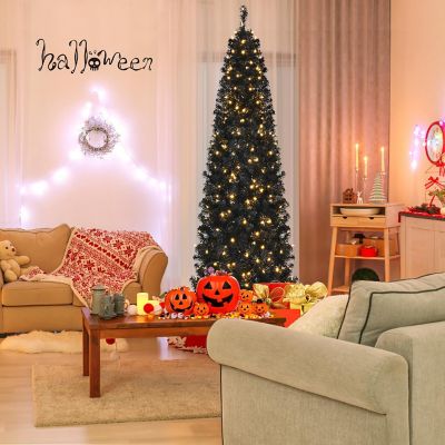 Costway 7ft Pre-lit PVC Christmas Pencil Tree Black w/ 350 LED Lights Image 1