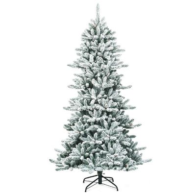 Costway 7Ft Premium Hinged Snow Flocked Slim Artificial Christmas Fir Tree w/ Pine Cones Image 1