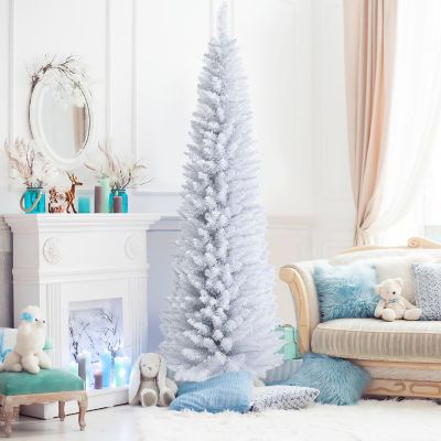 Costway 7ft Unlit Artificial Slim Christmas Pencil Tree w/ Metal Stand White Image 2