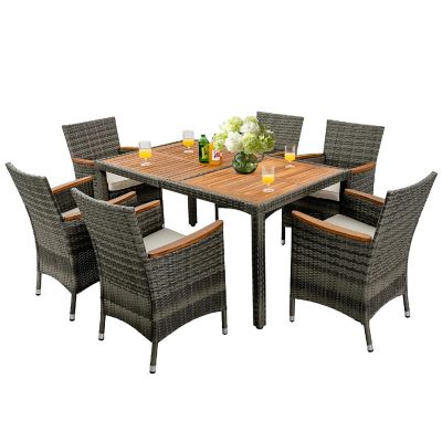 Costway 7PCS Patio Rattan Dining Set Acacia Wood Table Cushioned Chair Mix Gray Image 1