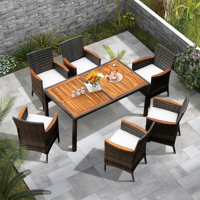 Costway 7PCS Patio Rattan Dining Set Acacia Wood Table Cushioned Chair Mix Gray Image 3
