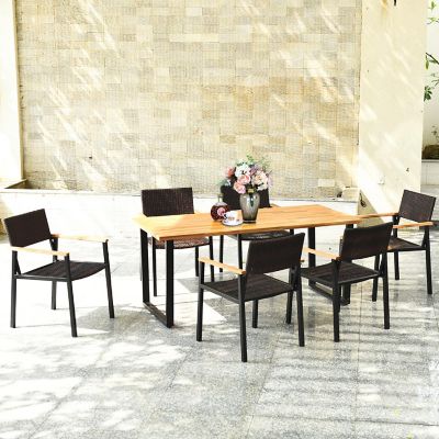 Costway 7PCS Patio Rattan Patented Dining Chair Table Set Solid Wood Frame Umbrella Hole Image 1