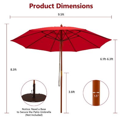 Costway 9.5 FT Patio Rope Pulley Wooden Umbrella Market w/Fiberglass Ribs Outdoor Red Image 3