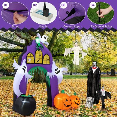 Costway 9 Ft Tall Halloween Inflatable Castle Archway Decor w/ Spider Ghosts &Built-in Lights Image 1