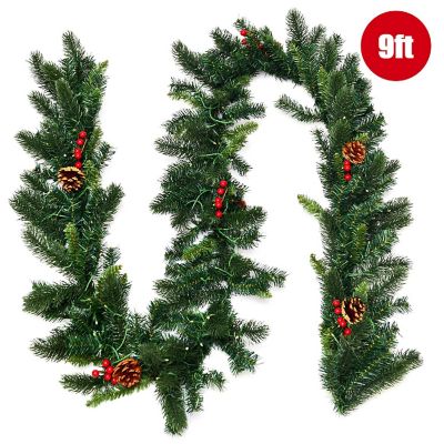 Costway 9Ft Pre-lit Artificial Christmas Garland Red Berries w/ 100 LED Lights & Timer Image 1