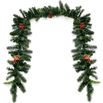 Costway 9Ft Pre-lit Artificial Christmas Garland Red Berries w/ 100 LED Lights & Timer Image 2